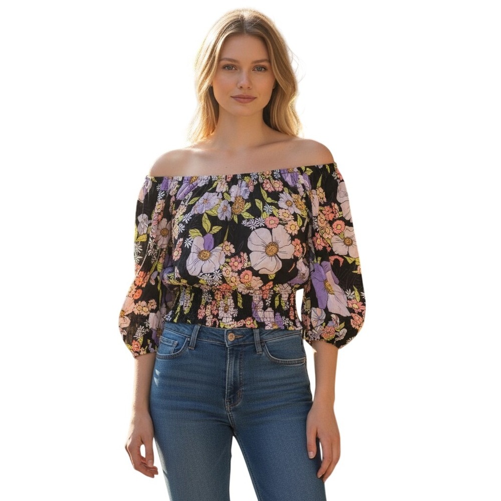 AFRM Los Angeles Floral Smocked Crop Top Black Pink Purple AET033469 Womens